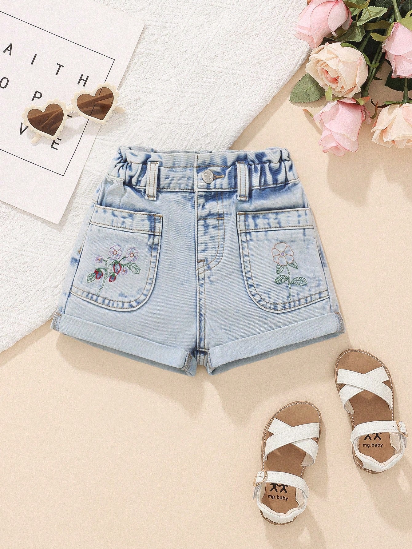 Girls' Casual High-Waisted Embroidered Flower Bud Light Wash Denim Shorts, Rolled Hem, Loose A-Line Fit