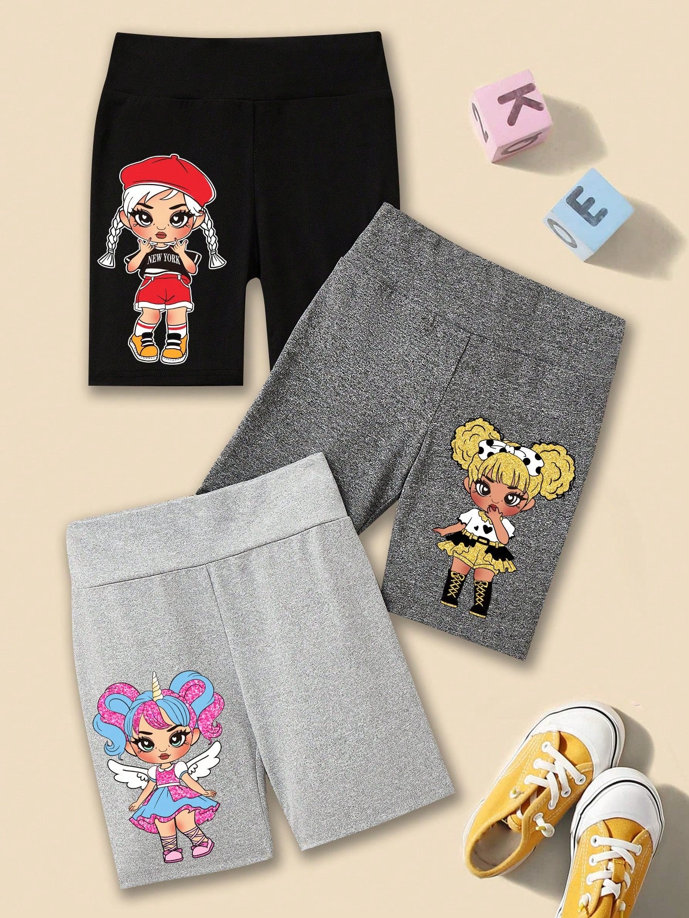 Young Girl Princess Style Cute Cartoon Short Leggings Set (3pcs) For Summer, Toddler Girl Clothes, Back To School Clothes, Casual And Simple