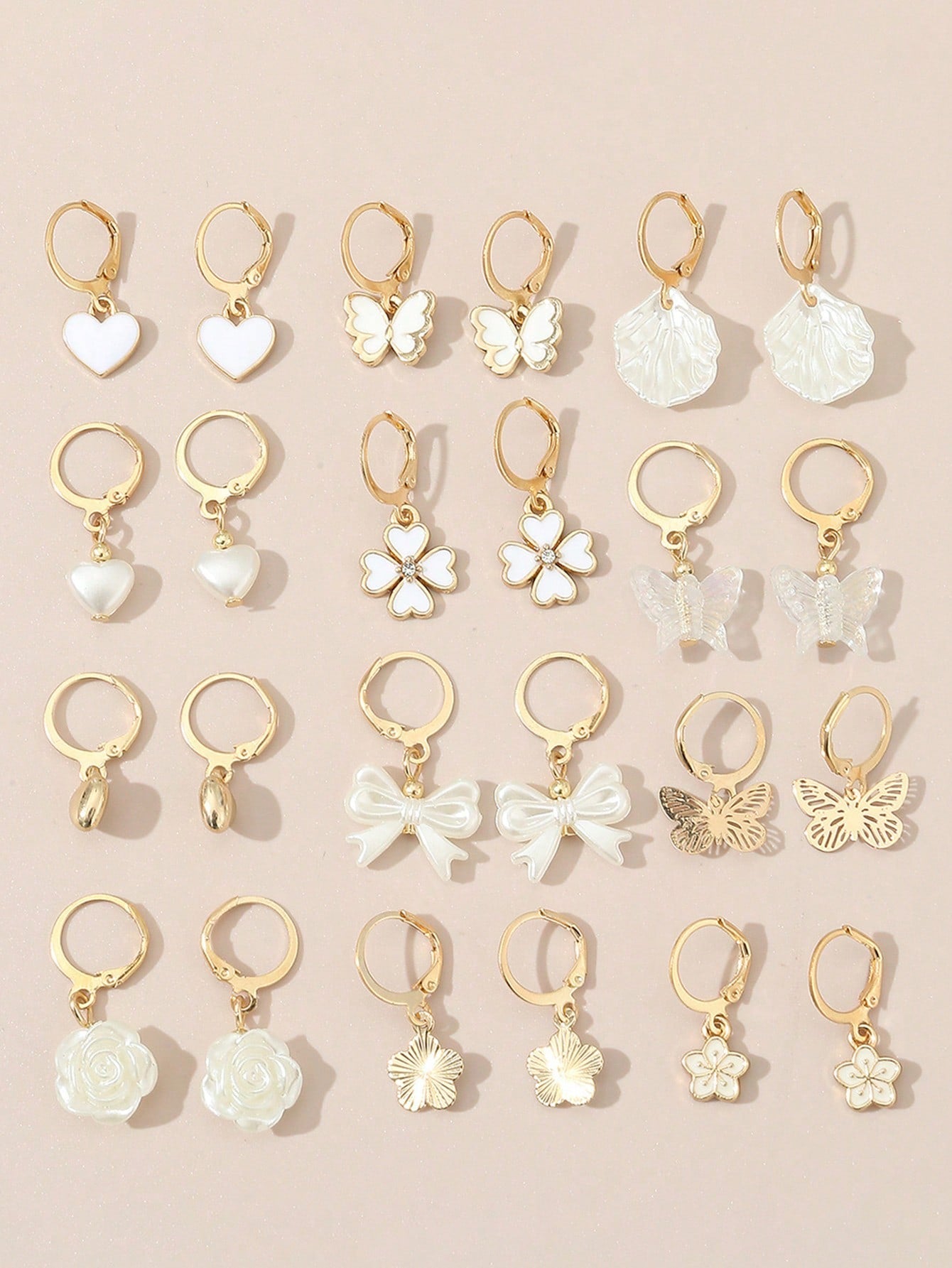 12pairs Pearl Bowknot Flower Heart Earrings For Girls, Creative Design And Lovely Jewelry