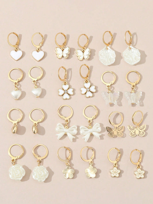 12pairs Pearl Bowknot Flower Heart Earrings For Girls, Creative Design And Lovely Jewelry