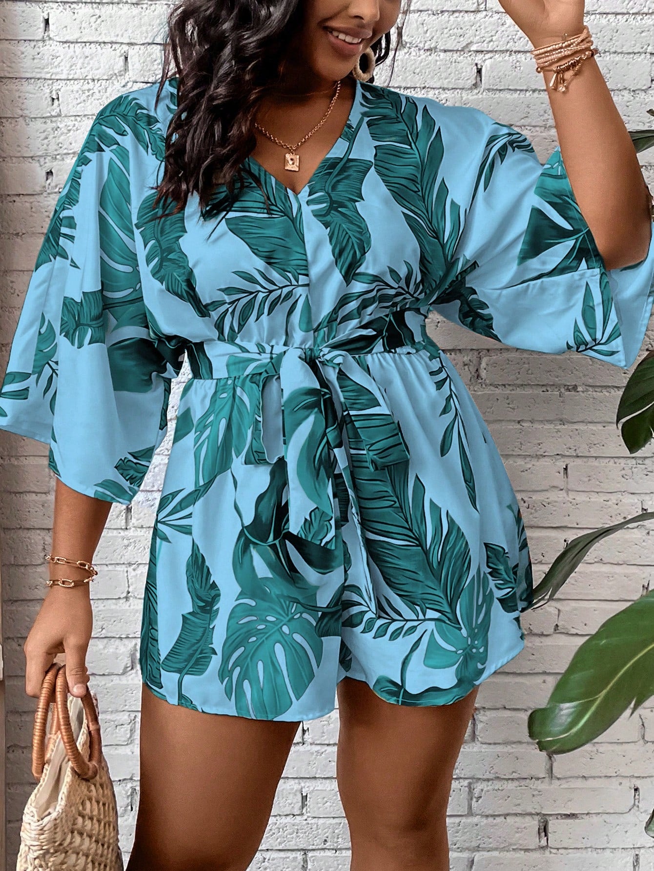 Plus Tropical Print Batwing Sleeve Belted Romper