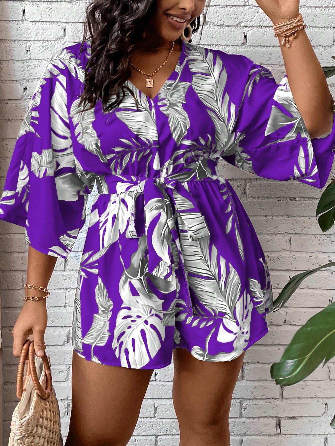 Plus Tropical Print Batwing Sleeve Belted Romper