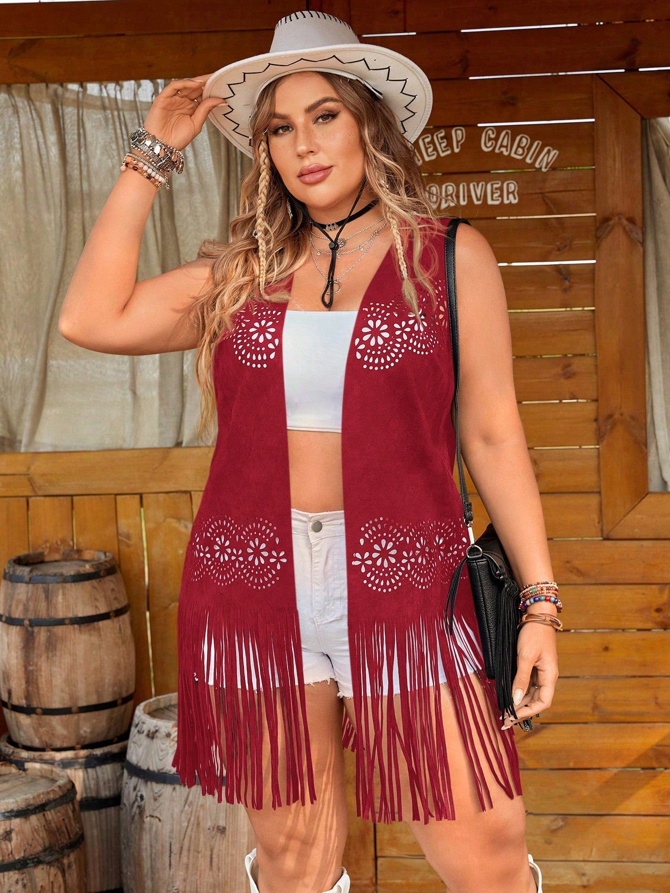 Plus Size Women Summer Hollow Out Tassel Hem Open Front Sleeveless Jacket