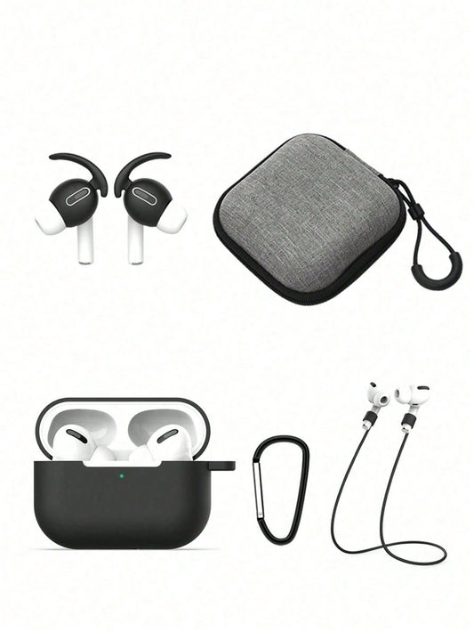 5pcs Black Silicone Bluetooth Earbuds Set With Anti-Loss Rope, Portable Storage Box And Protective Cover, Compatible With Apple Airpods Pro