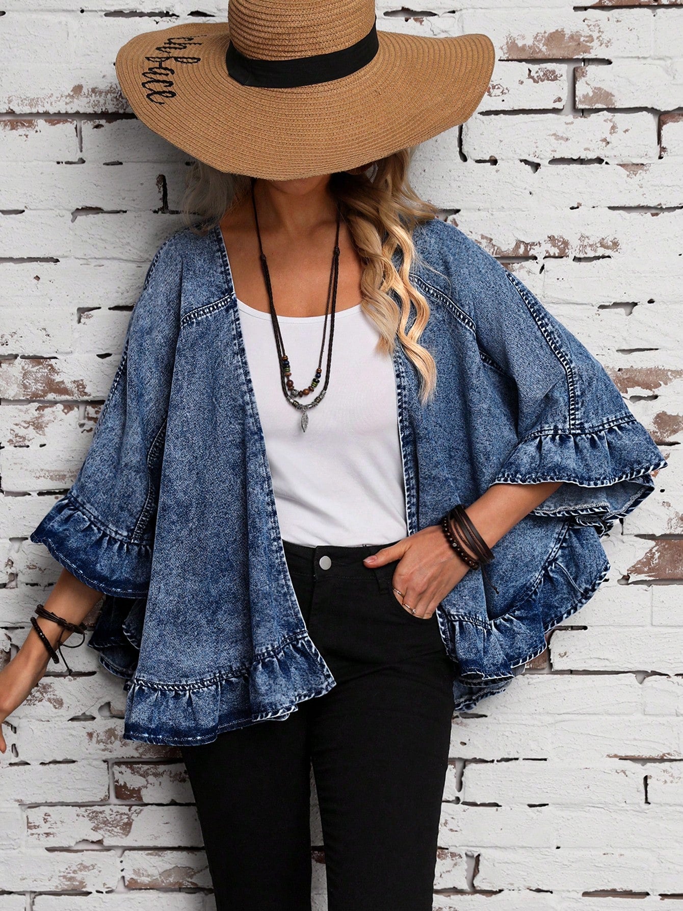 Women's Denim Jacket With Ruffle Edge Detail