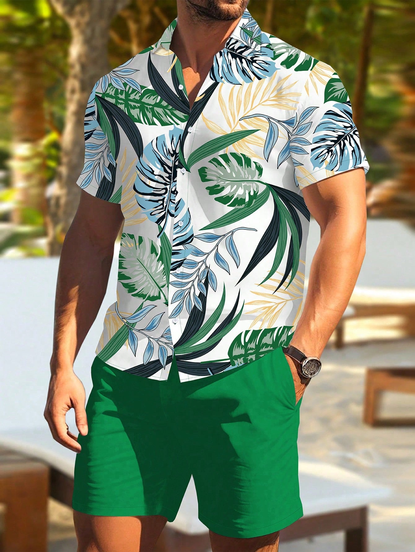 Men's Printed Single Row Button Short Sleeve Shirt And Shorts Set, Summer