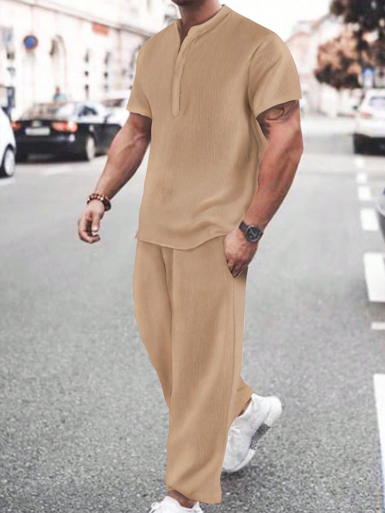 Men's Plus Size Plain Basic Short Sleeve T-Shirt And Long Pants Set For Daily Wear