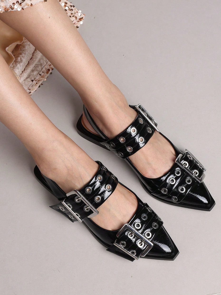 Women Metal Double Buckle Belt Decor Chunky Low Heel Comfort Pointy Toe Pumps Punk Back Strap Single Flat Shoes