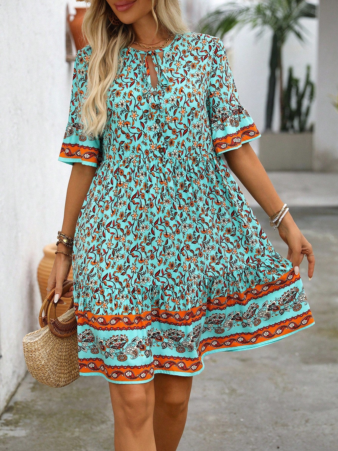 Frenchy Floral Print Tie-Waist Bell Sleeve Dress