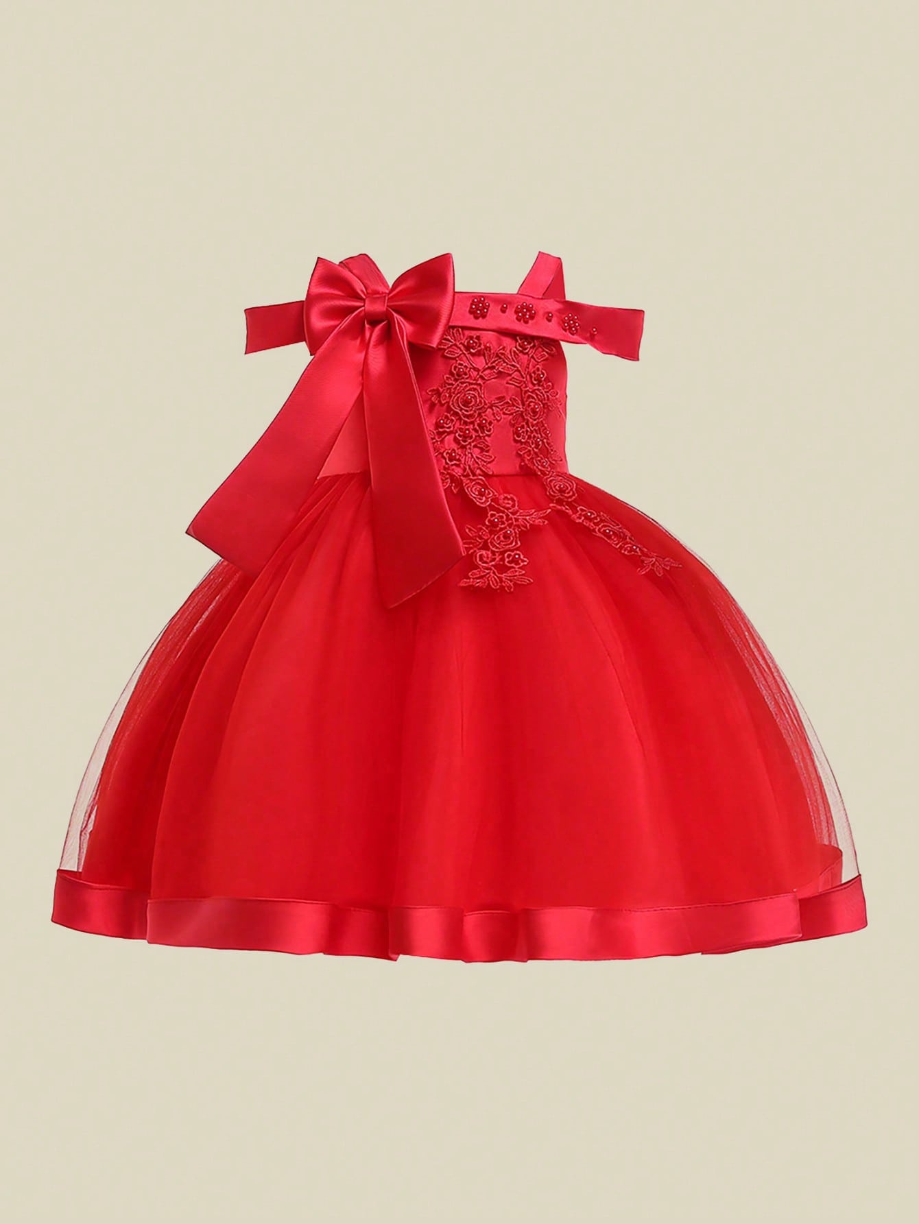Young Girl Solid Color Tulle Splicing Satin Bowknot Decorated Sleeveless Fluffy Dress, Elegant & Gorgeous Party Dress For Birthday Parties
