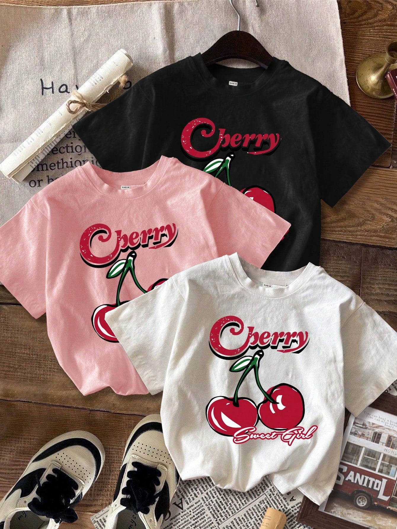 3pcs Casual & Simple Cartoon Letter Printed T-Shirt Set For Tween Girls, Summer