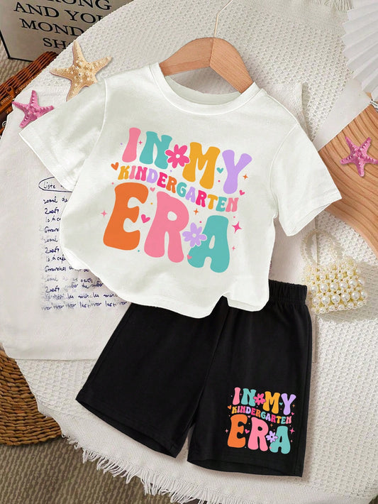 Young Girl Casual Simple Letter Pattern Short-Sleeved Shorts Two-Piece Suit Suitable For Summer