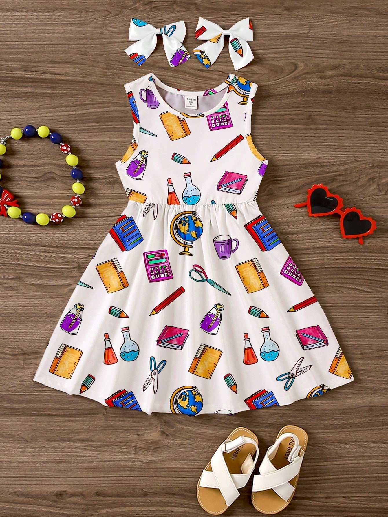 Back To School Dress, Cute Summer Dresses, Tween Girls' Simple & Casual Academy Style Cartoon Stationery Printed Tank Dress, Suitable For Summer