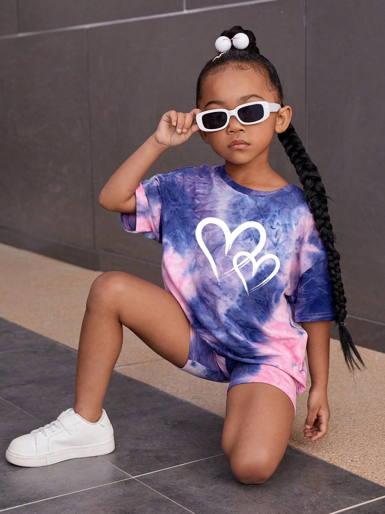 Young Girl Casual Round Neck Tie-Dye Drop Shoulder T-Shirt & Cycling Shorts Set