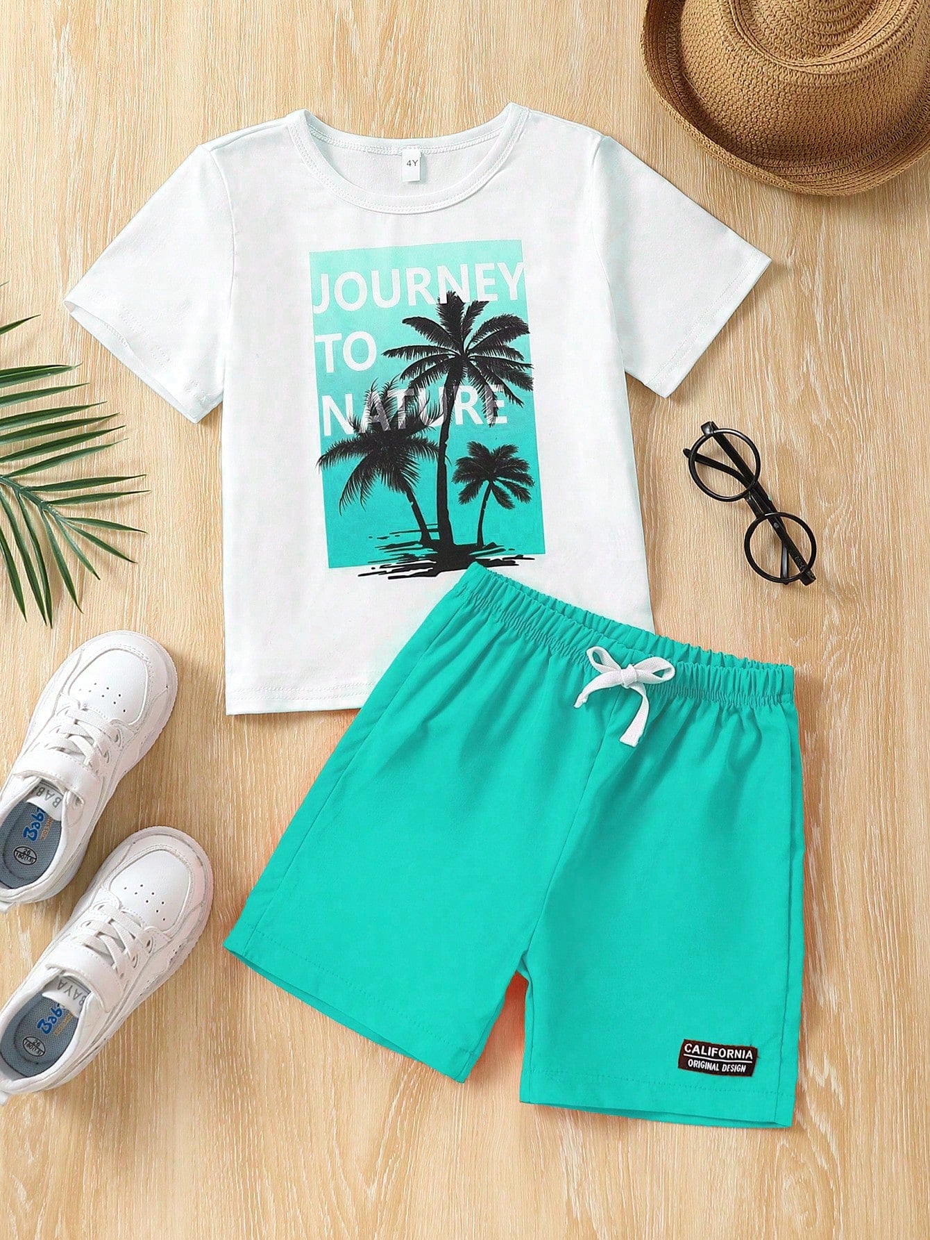 2pcs Young Boys' Casual Slogan & Coconut Tree Print Round Neck Short Sleeve T-Shirt And Shorts Set, Suitable For Summer Vacation, Sports, Leisure, Daily Wear And Travel