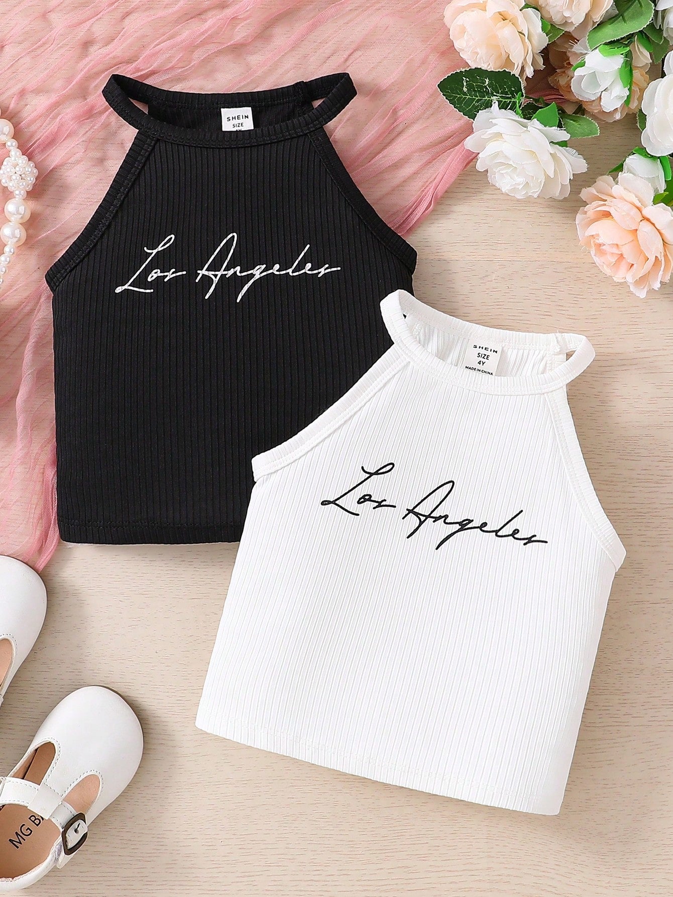 Young Girl'S 2pcs/Set Fashionable Halter Neck Top With Letter Pattern