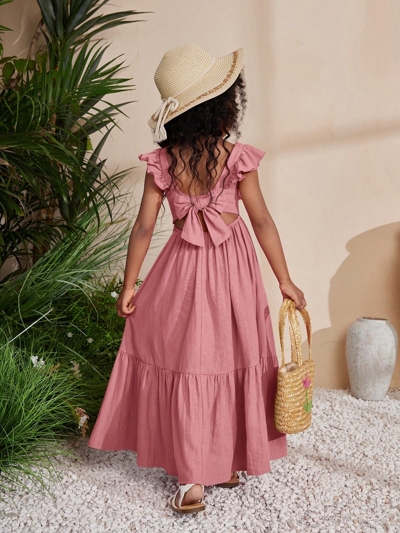 Young Girl Choco Color Sleeveless Maxi Dress With Woven Fabric And Square Neckline For Music Festival