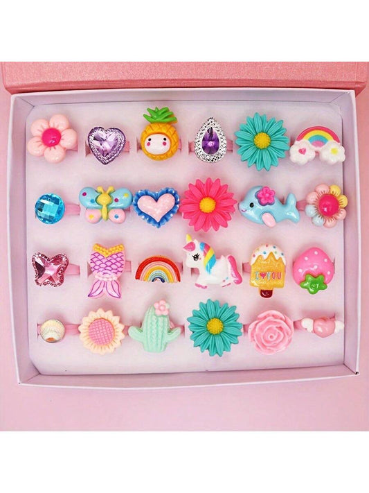 10pcs, Assorted Varieties, Children's Cartoon Rings, Girls Pretend Play And Dress Up Rings, Colorful Rings For Daughter, Granddaughter, Birthday Gift, Party Favors, (Without Box)(Random Style)