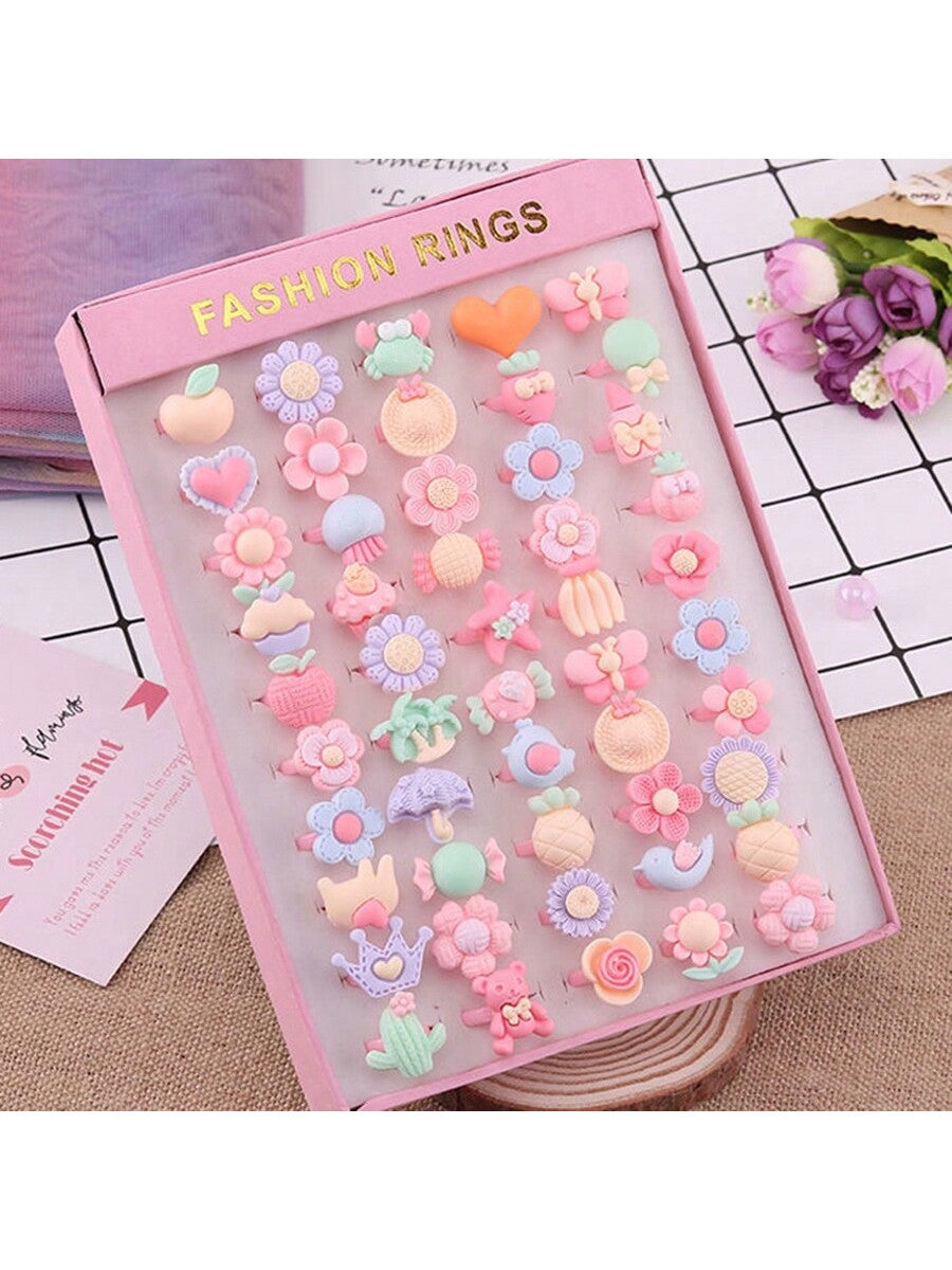 10pcs Girls Cartoon Shaped Resin Rings, Princess Rings, Party Decorative Accessories (Random Color & Style, No Box)