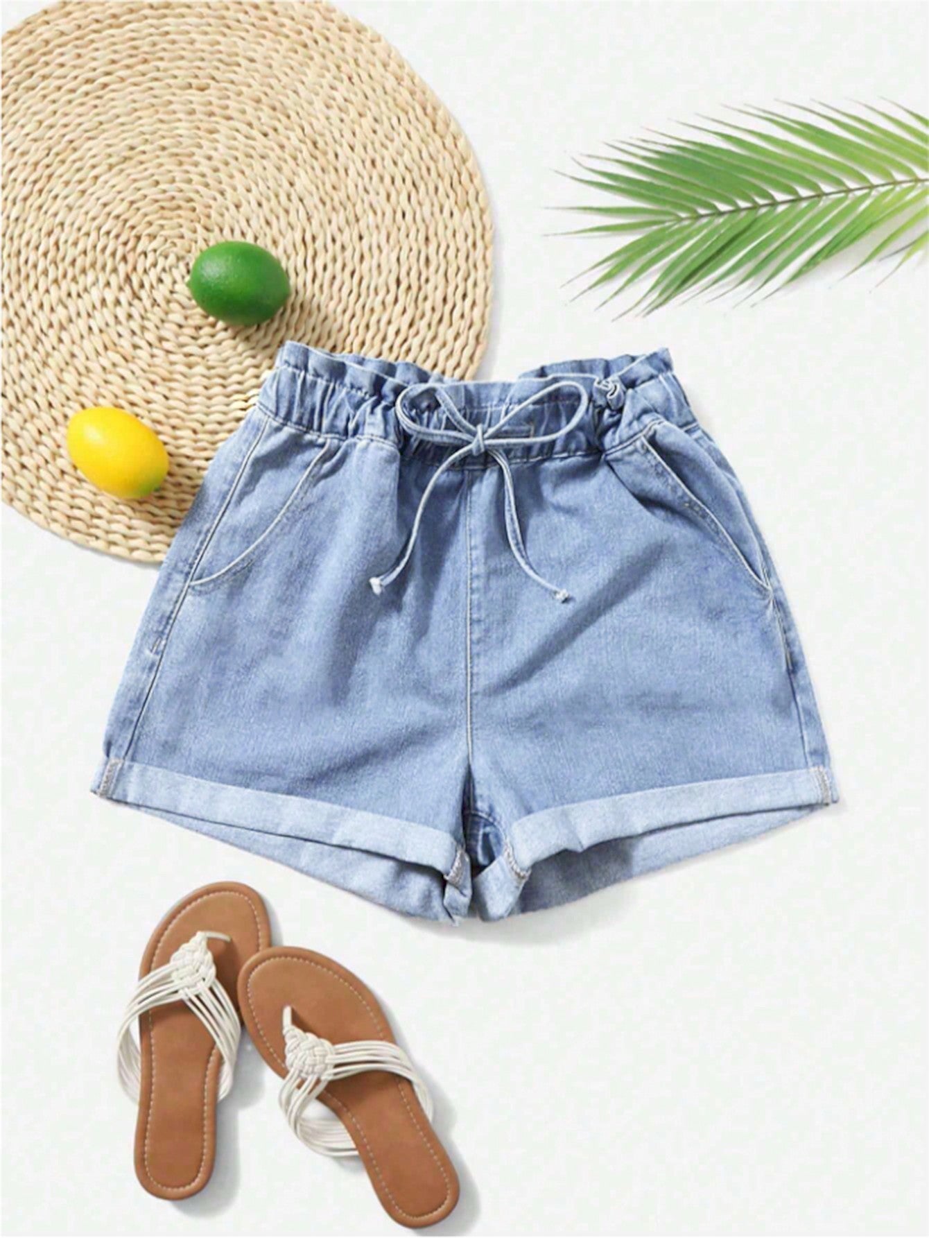 Paperbag Waist Roll Hem Denim Shorts