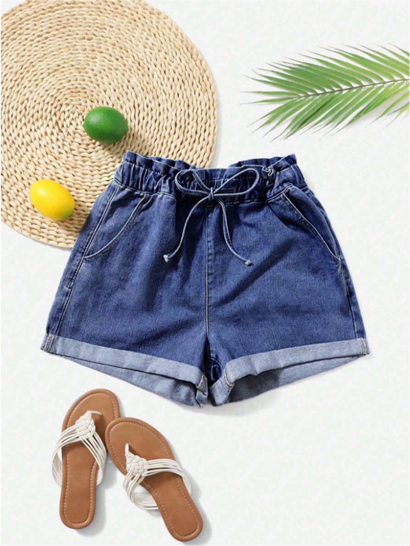 Paperbag Waist Roll Hem Denim Shorts