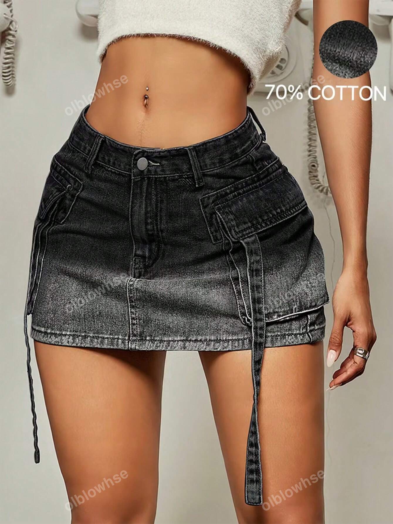 Y2K Street Solid Flap Pocket Tape Detail Cargo Denim Mini Skirt Summer Hottie Outfit