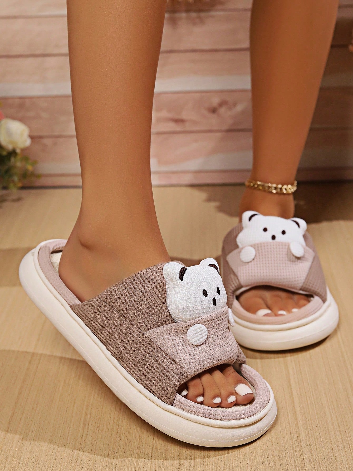 1pair Women's Cute Cartoon Bear Linen Slippers, Color, Non-Slip Flat Indoor House Shoes