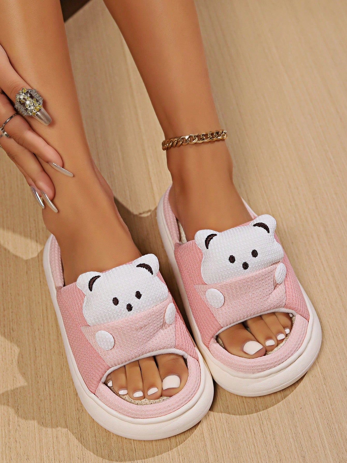 1pair Women's Cute Cartoon Bear Linen Slippers, Color, Non-Slip Flat Indoor House Shoes