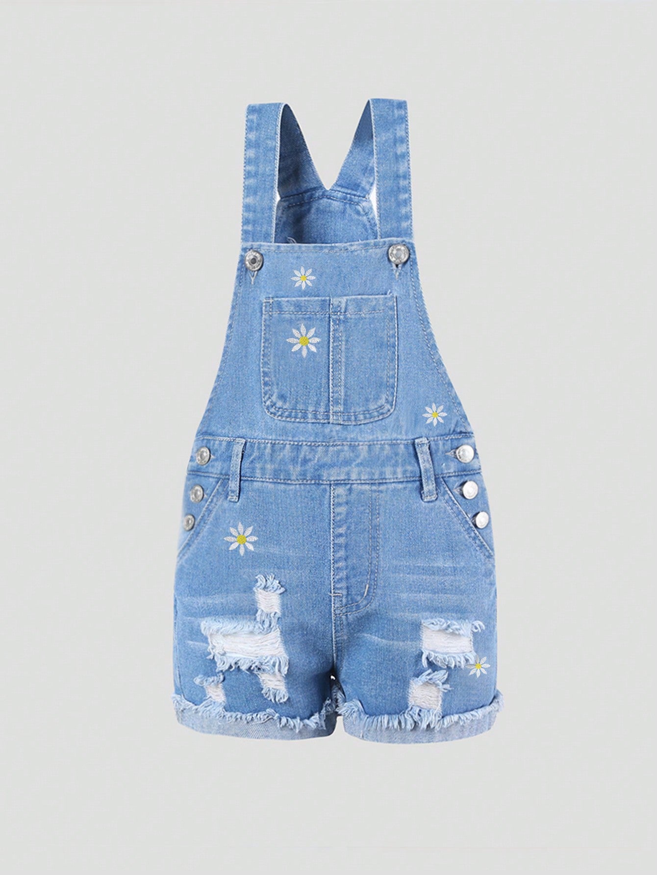 TWEEN GIRL Vacation Casual Cute Daisy Print Ripped Roll Up Hem Flat Pocket Denim Overalls For Everyday