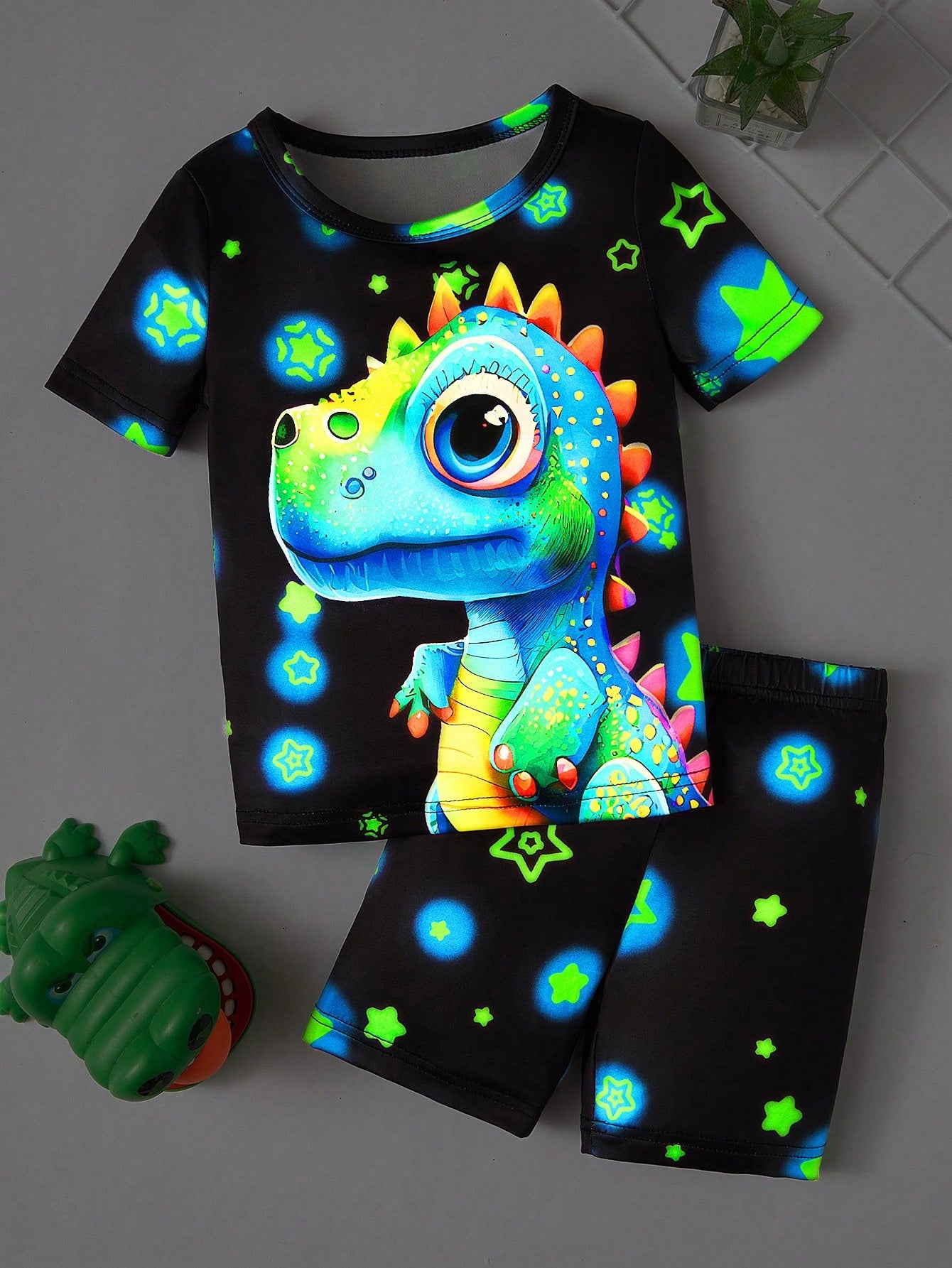 Young Boy Cartoon Print Glow-In-The-Dark Short Sleeve T-Shirt & Shorts Pajama Set,