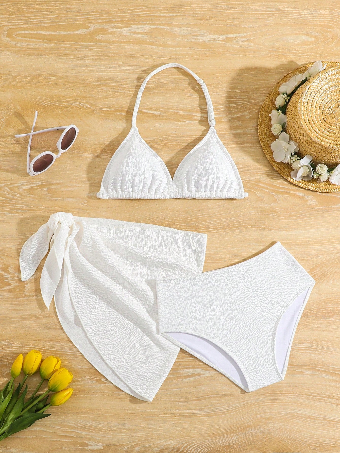 Tween Girl White Bikini Set, Special Jacquard Fabric 3pcs Set, Fashionable, Casual, Exquisite, Elegant, Suitable For Swimming, Vacation, Summer Bathing Suit Set Summer Beach