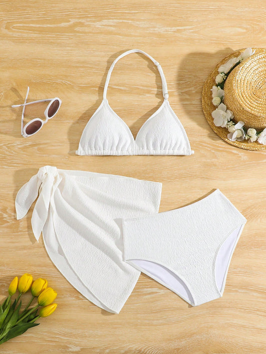 Tween Girl White Bikini Set, Special Jacquard Fabric 3pcs Set, Fashionable, Casual, Exquisite, Elegant, Suitable For Swimming, Vacation, Summer Bathing Suit Set Summer Beach