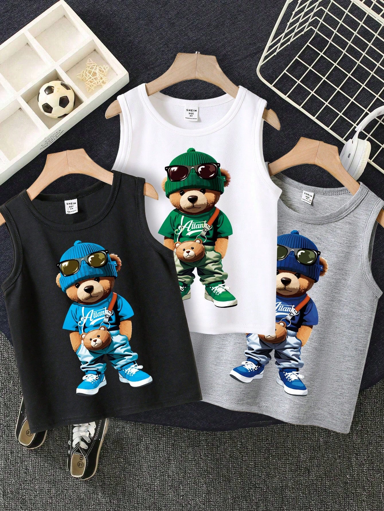 The Great Astronautical Federation, Young Boy Casual Simple Space Pattern Elements Black White Grey Three-Pack Tank Top Suitable For Summer