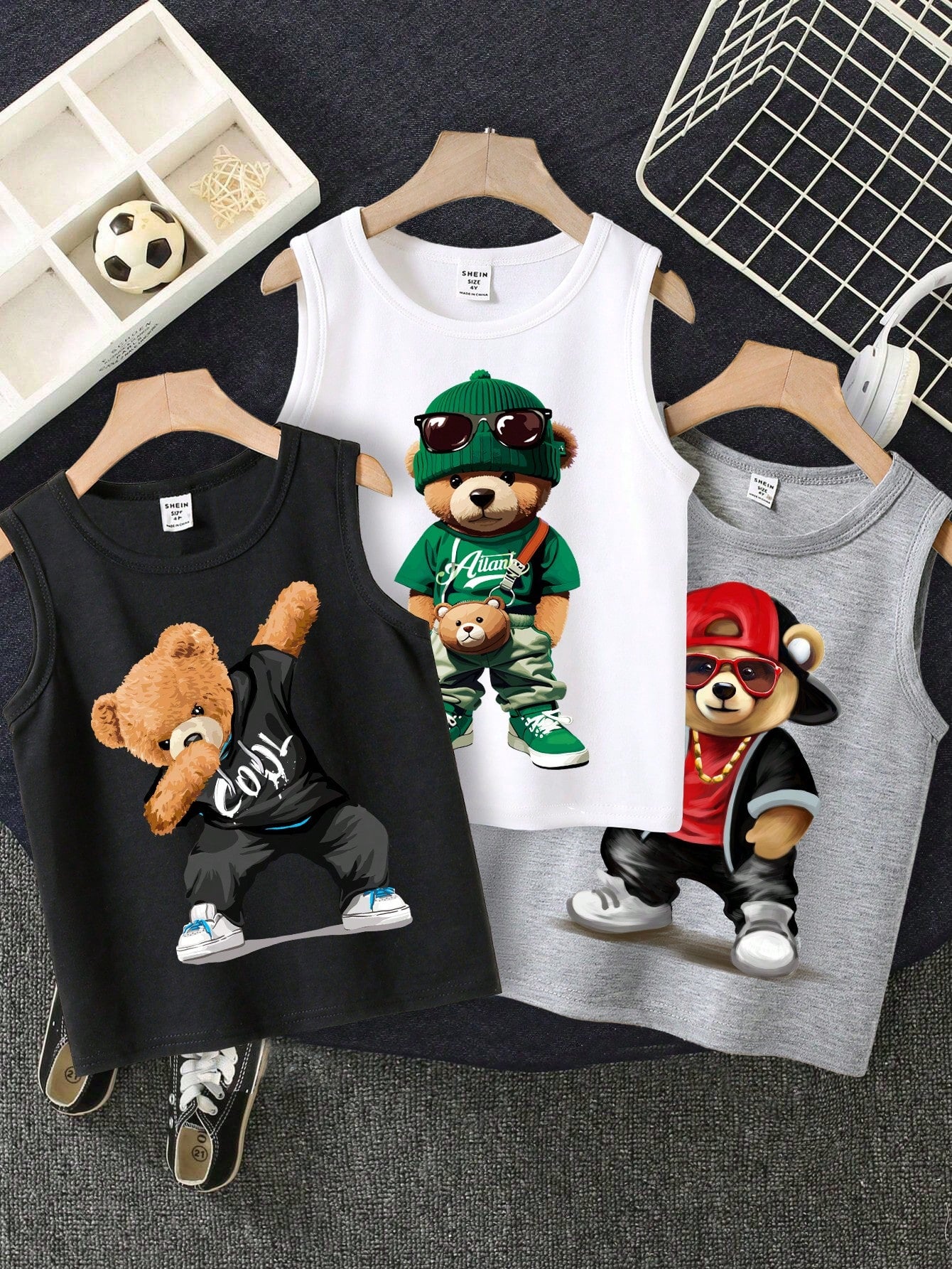 Young Boy 3pcs Casual Cartoon Bear Pattern Tank Top Set, Suitable For Summer