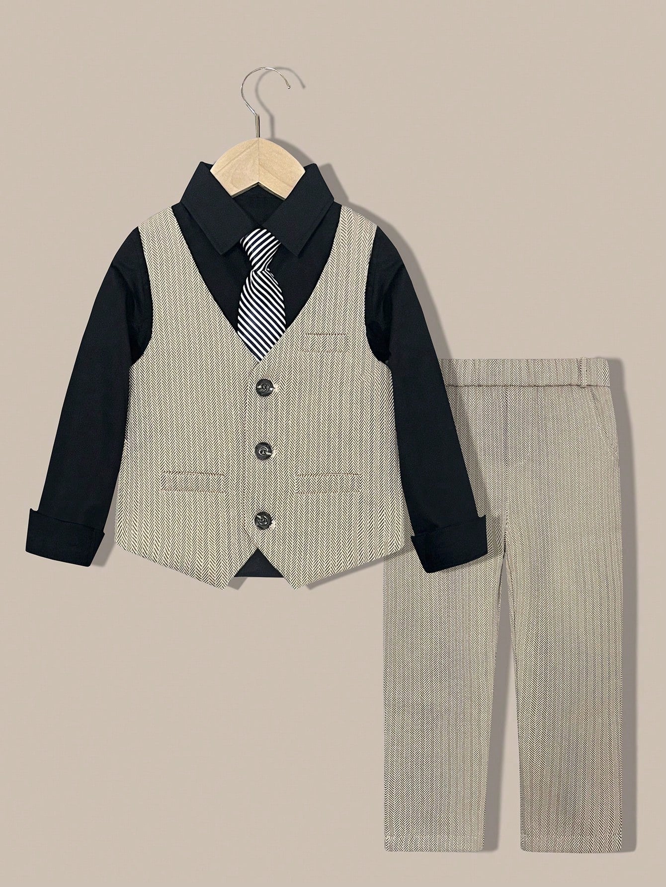 Young Boy Formal Suit, 3pcs/Set (Vest, Pants, Tie), Ideal For Wedding, Performance Or Other Occasions