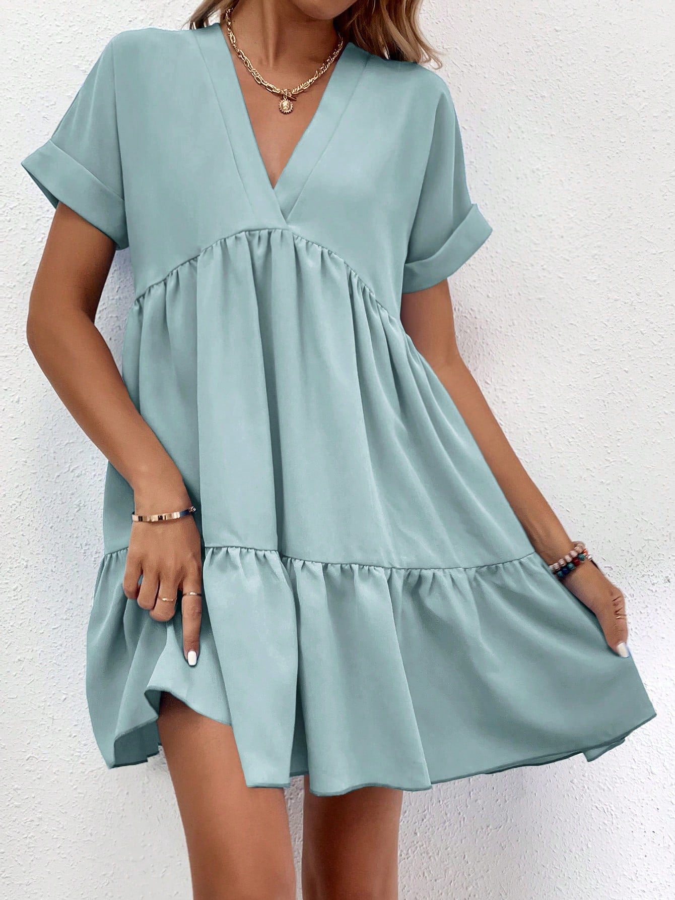 Solid Color Batwing Sleeve Layered Vacation Casual Dress