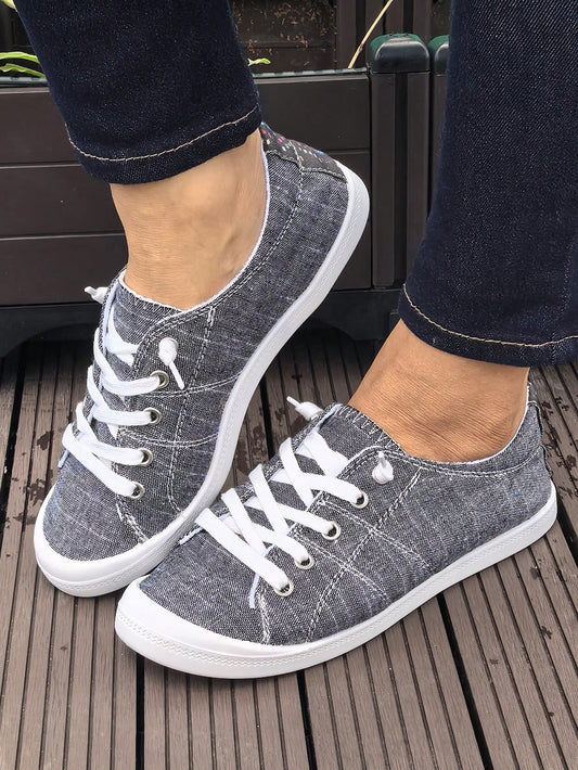 Women's Four Seasons Casual Gray Canvas Flat Fashionable Comfortable Lace-Up Round Toe Slip-On Sneakers Skate Shoes