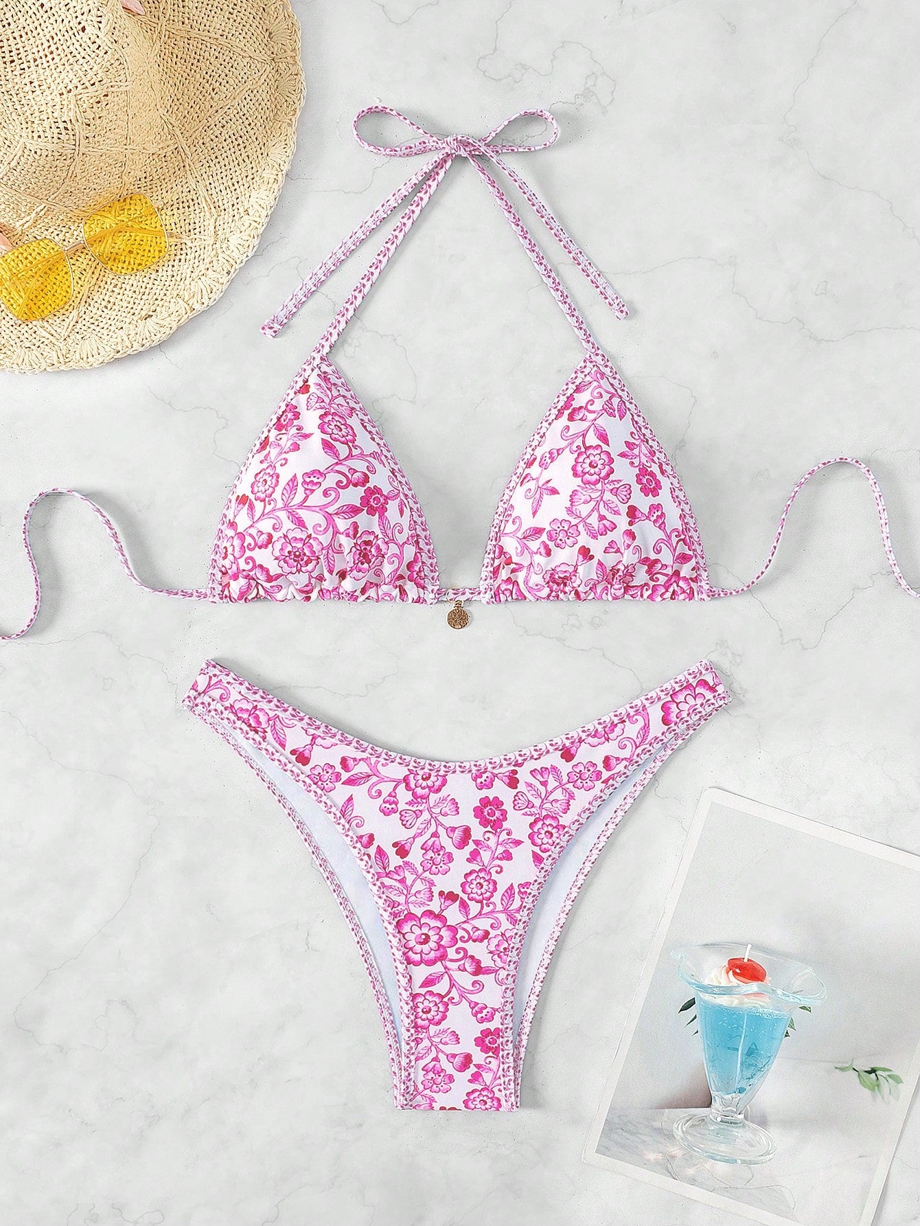 Women's Summer Beach Floral Print Halter Neck Tie Sexy Bikini Set