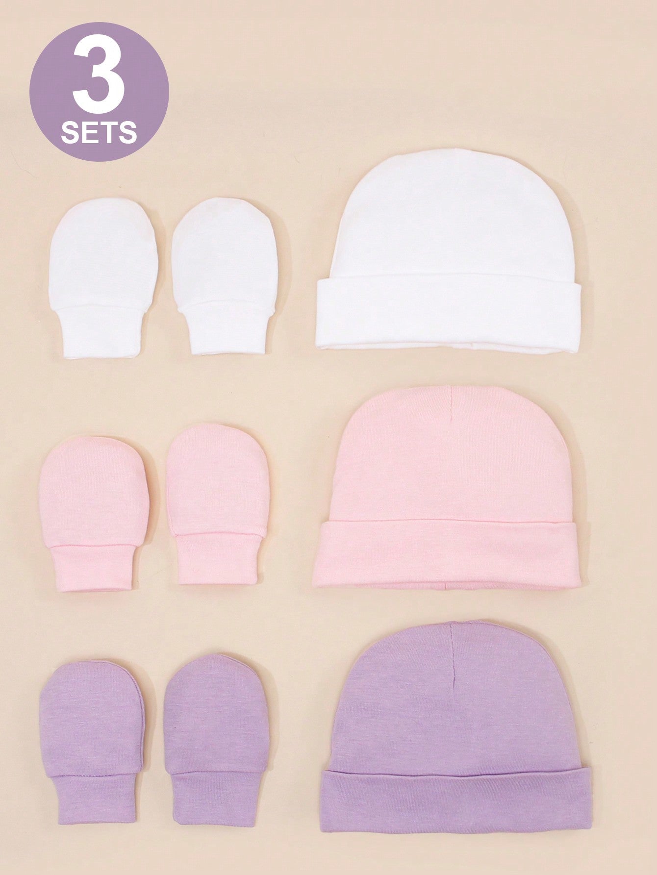 3 Sets Newborn Baby Soft Skin-Friendly Cap + Anti-Scratch Gloves Set