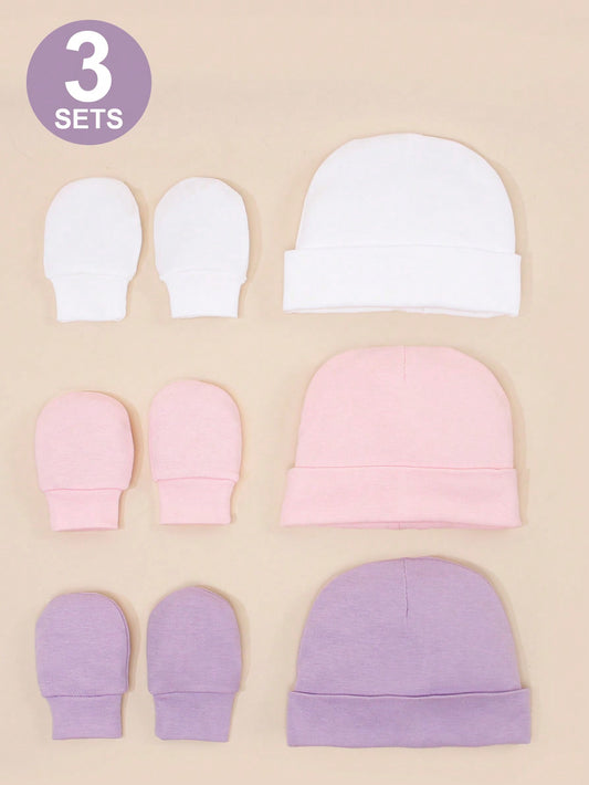 3pcs Newborn Baby Beanie Hat And Anti-Scratch Gloves Set, Soft And Skin-Friendly