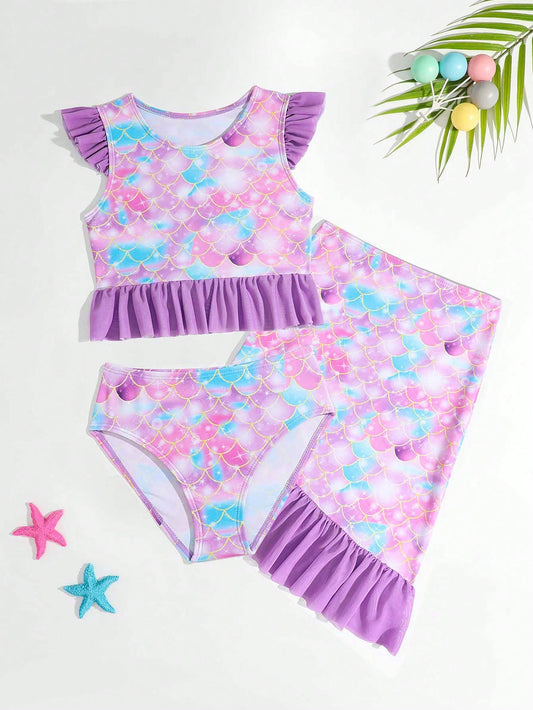 Little Girls' Summer 3pcs Swimsuit Set With Fish Scale Print, Tassel Decorations And Skirt Bottom