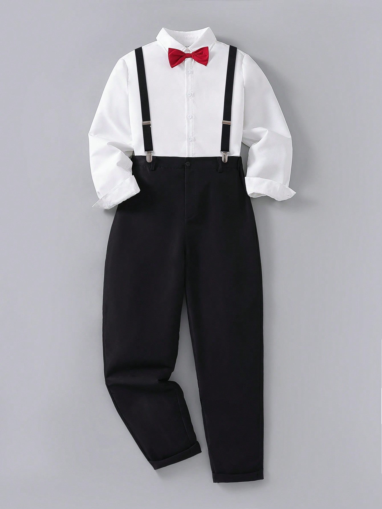 2pcs Teen Boy's Suspender Shirt And Solid Color Long Pants Set, Suitable For Parties, Starting School, Events, Back To School Season