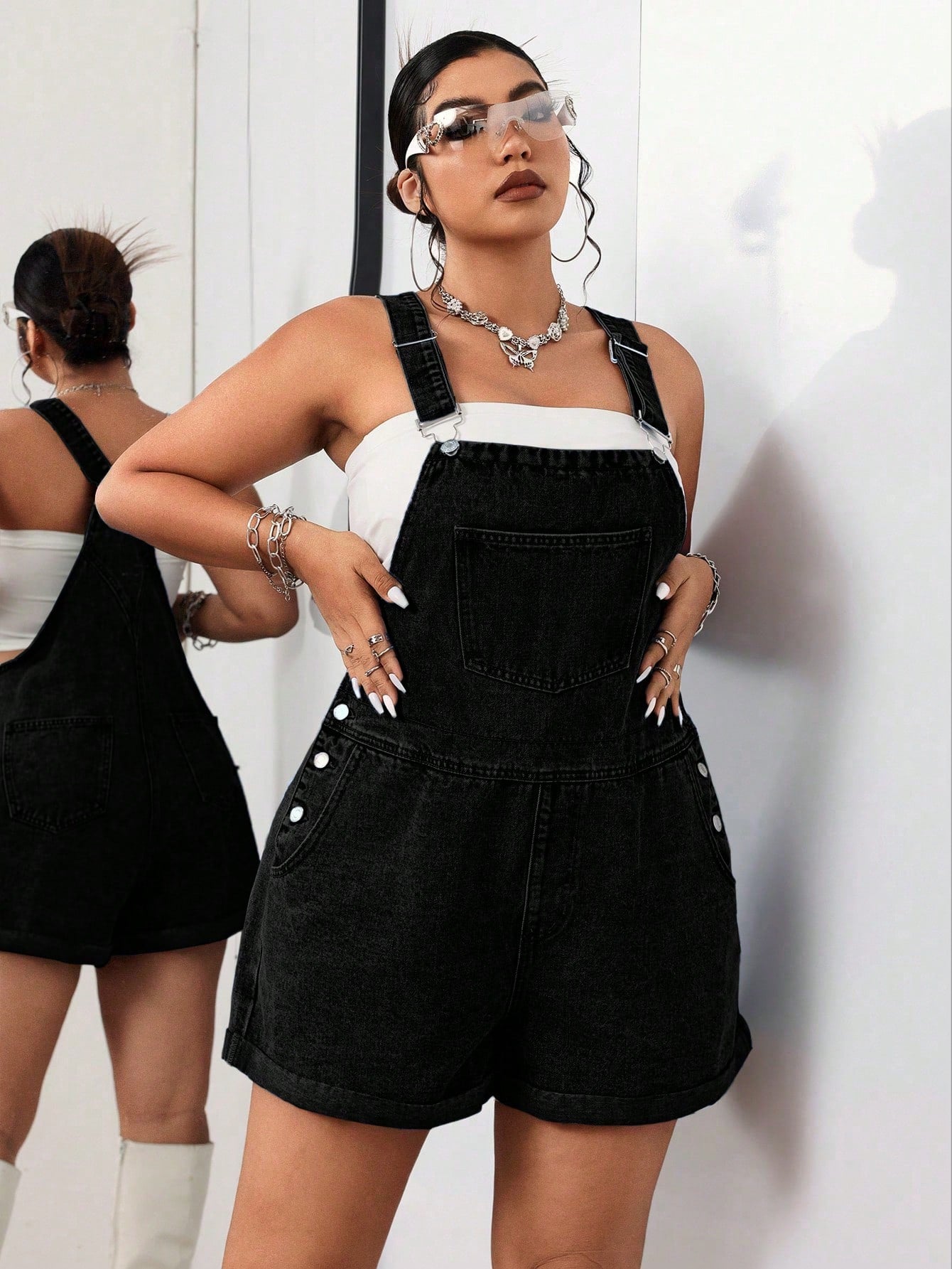 Plus Size Summer Casual Washed Denim Overalls