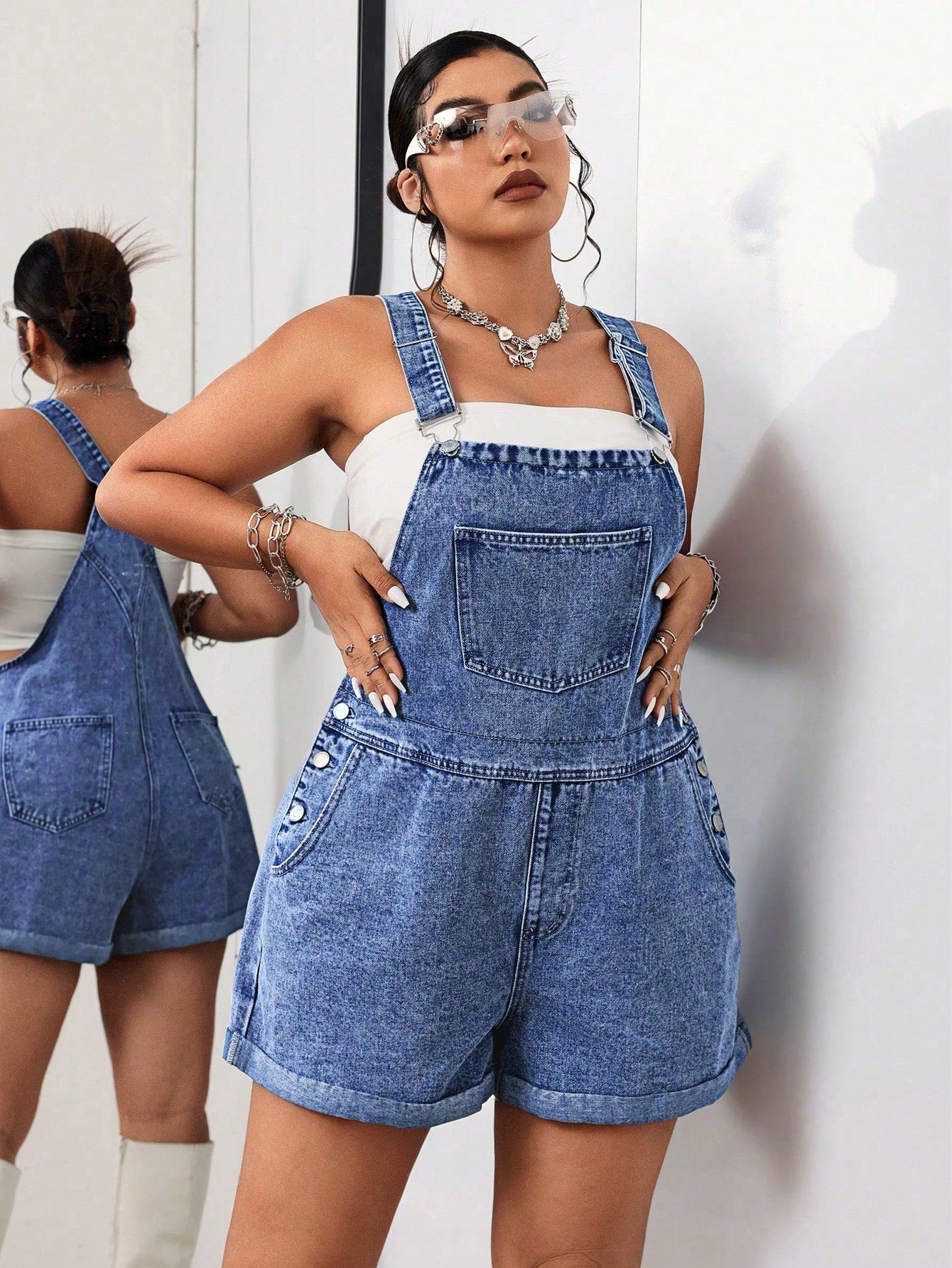 Plus Size Summer Casual Washed Denim Overalls