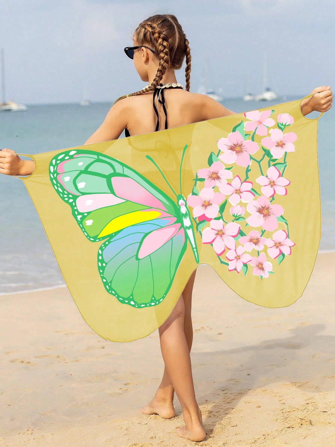 Tween Girl Summer Beach Floral Butterfly Printed One-Piece Swimwear Cover-Up