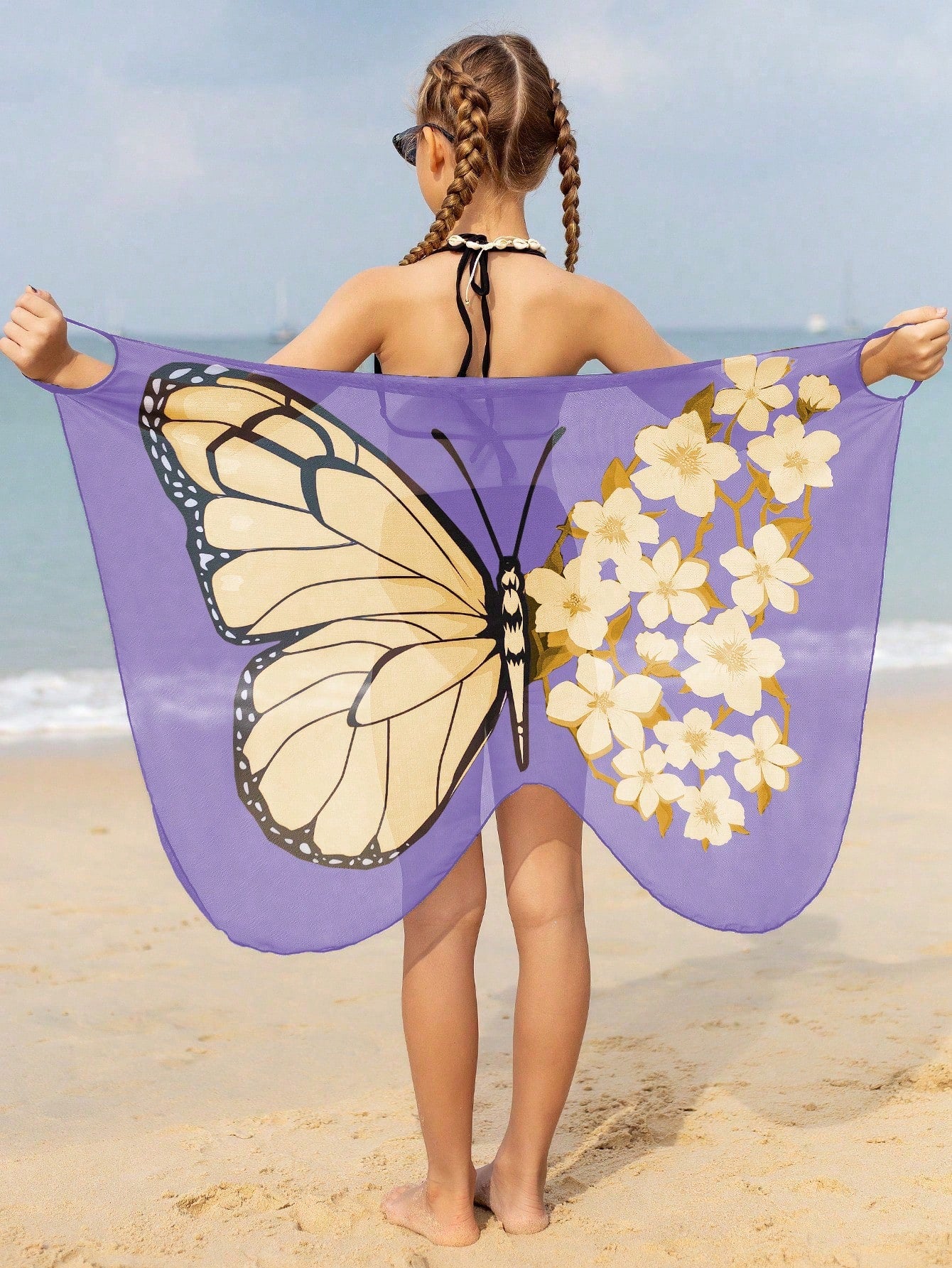 Tween Girl Summer Beach Floral Butterfly Printed One-Piece Swimwear Cover-Up