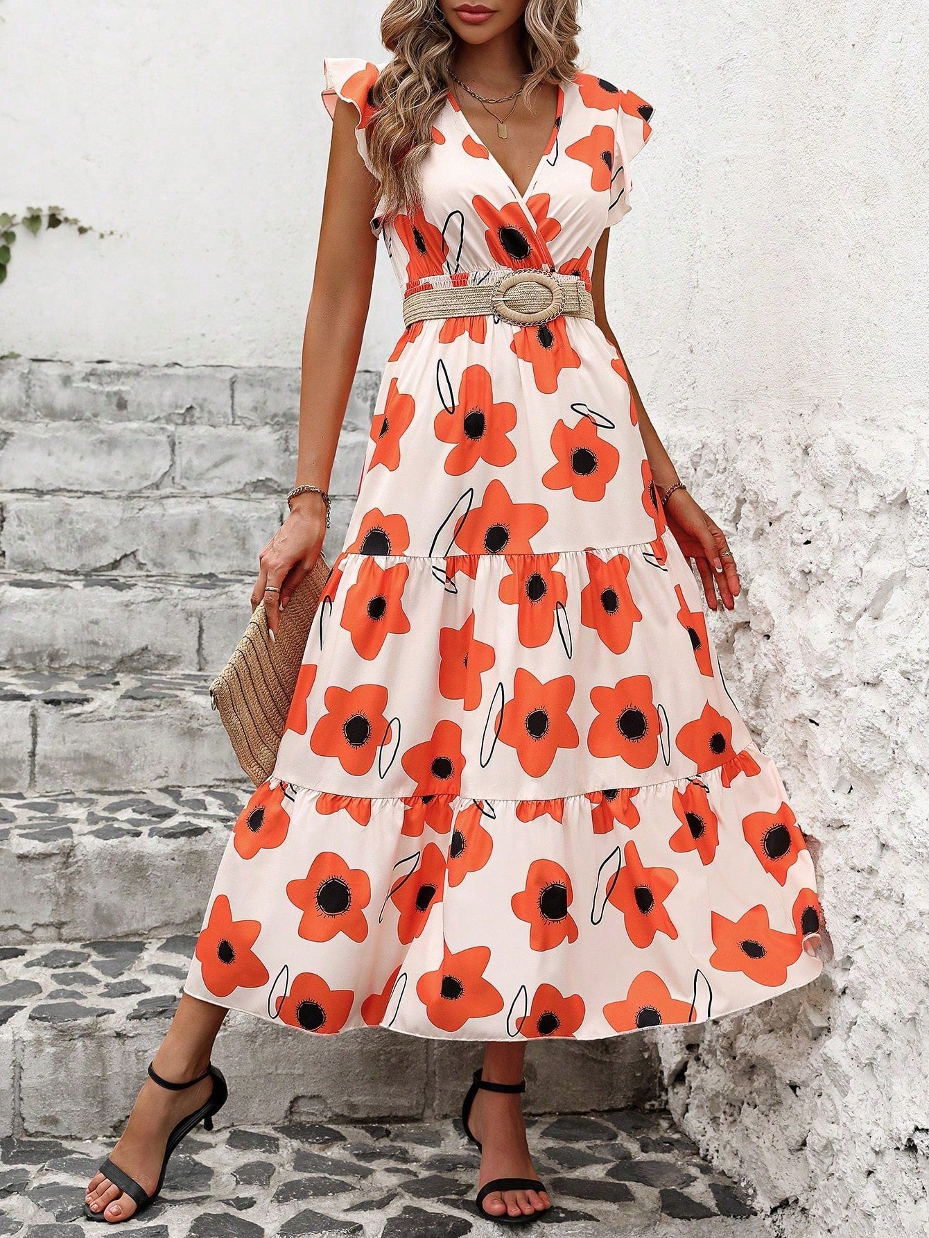 Floral Print Butterfly Sleeve Ruffle Hem Dress