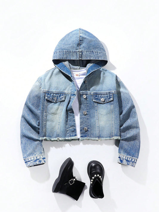 Vintage Distressed Street Style Cool Frayed Short Loose Comfortable Denim Hooded Jacket For Teenage Girls