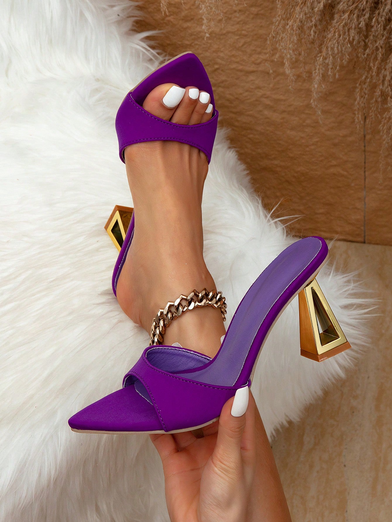 Women's Fashionable Party Wear Shiny Metallic Strapped Purple Ankle Strap Pointed Toe Gold Plated High Heel Sandals