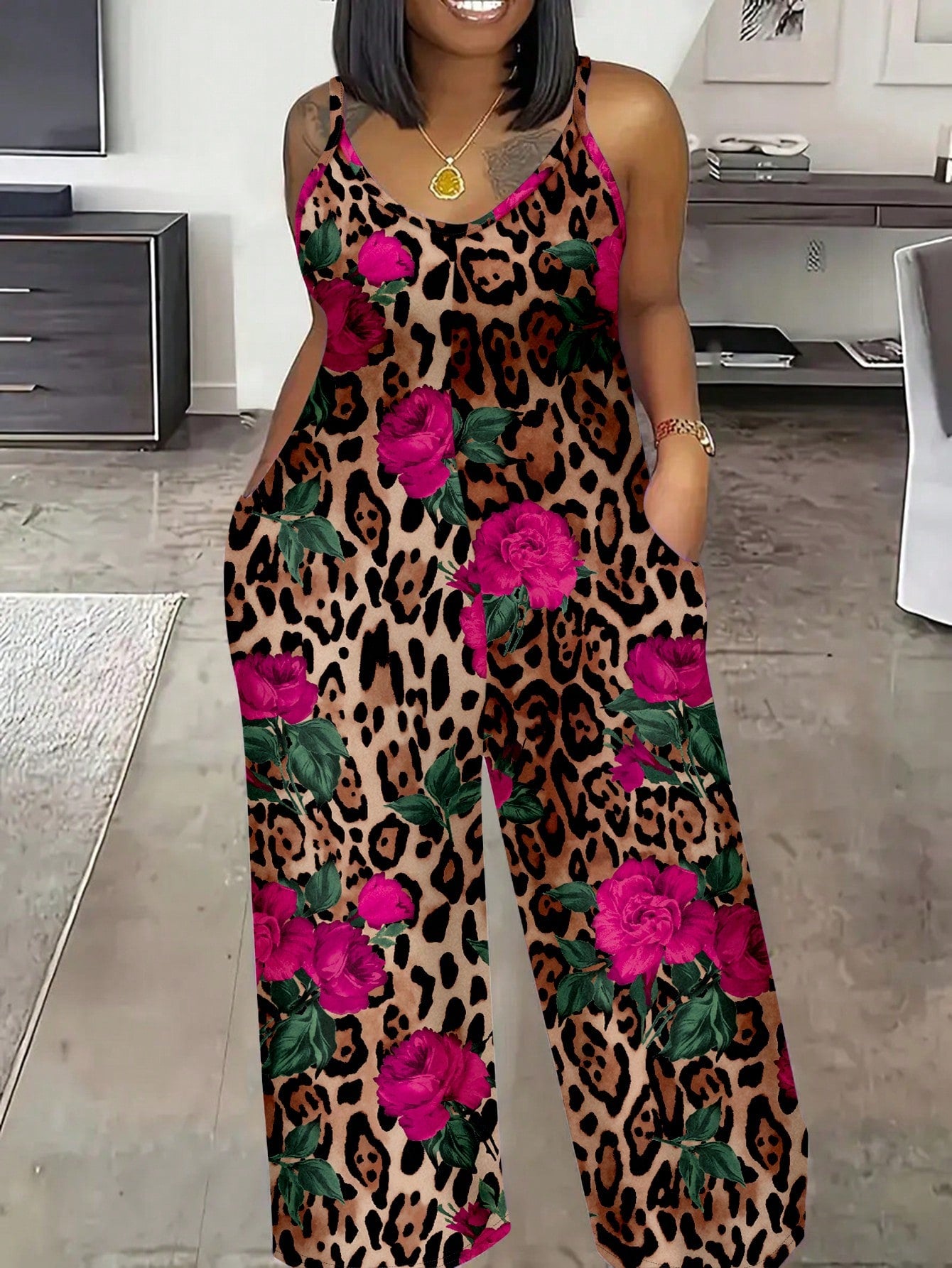 Plus Size Summer Holiday Floral Printed Wide-Leg Jumpsuit With Straps For Casual Wear